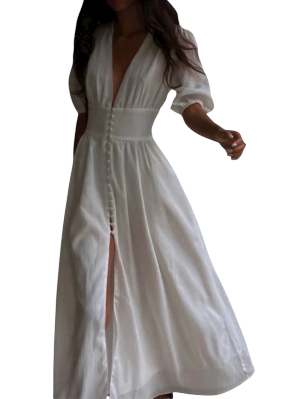 Commense White Maxi Dress with Button Front
